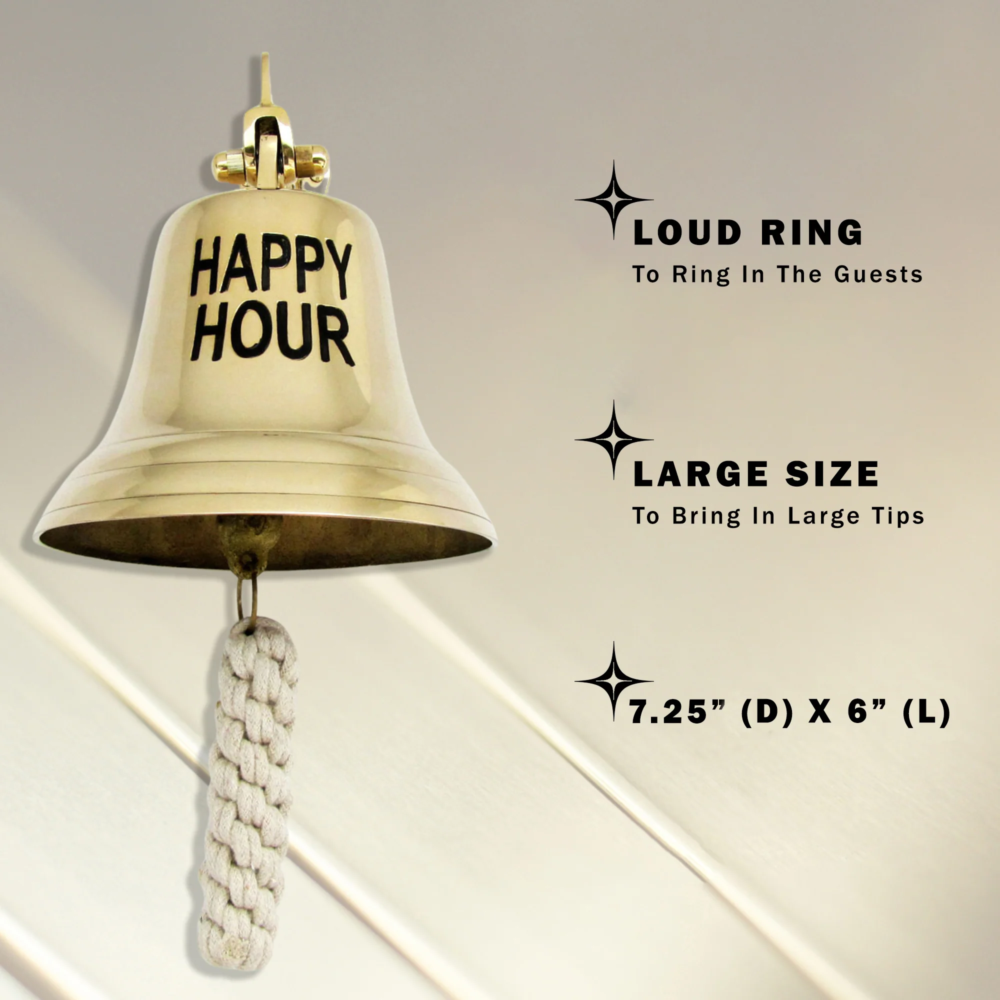 Brass Happy Hour Bell Large Hanging Outdoor Bar House Decor Call for Drink 6" - Image 4