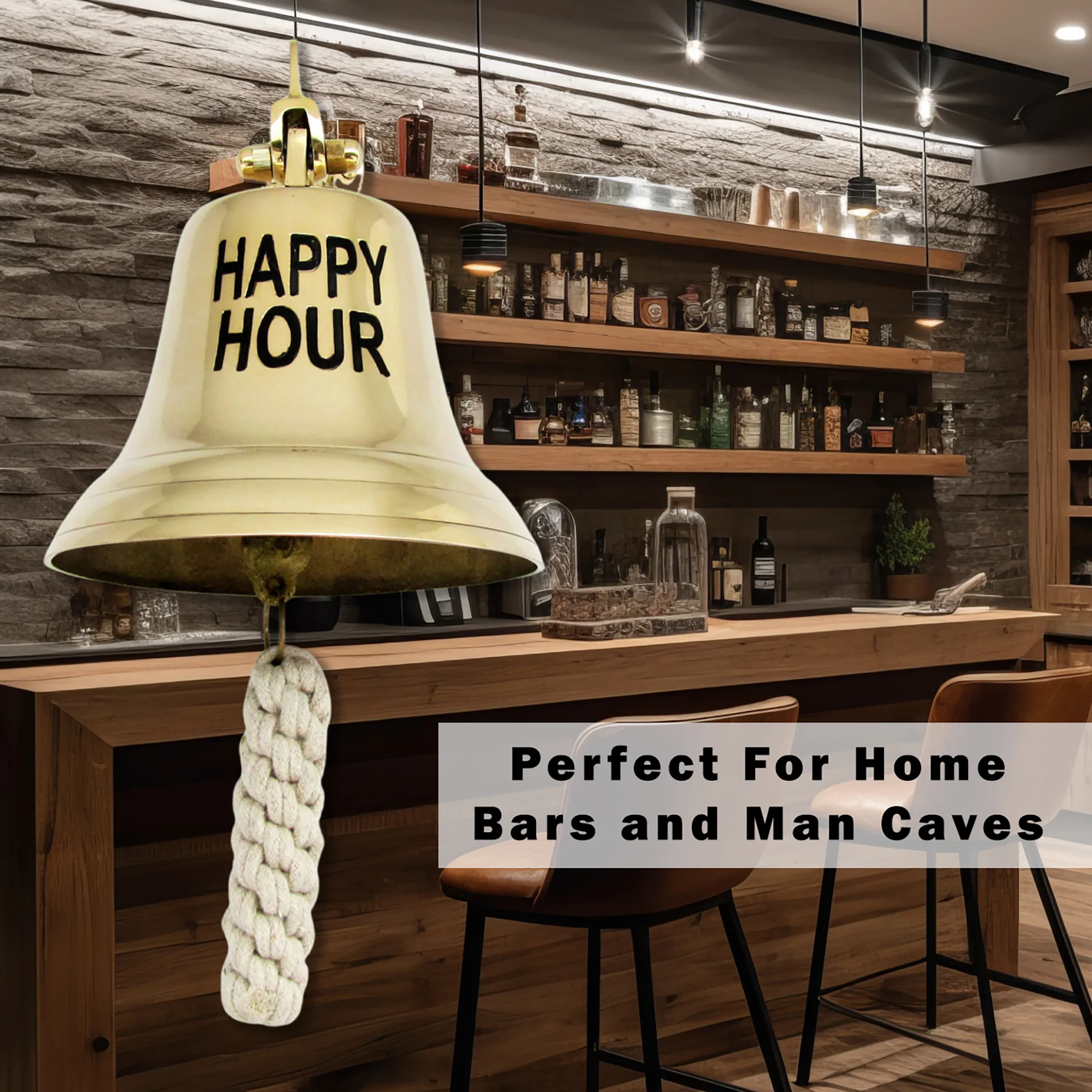Brass Happy Hour Bell Large Hanging Outdoor Bar House Decor Call for Drink 6" - Image 7
